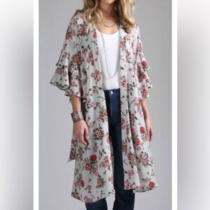 Wrangler Retro Floral Duster Open Cardigan with Bell Flowy Tiered Sleeve…
